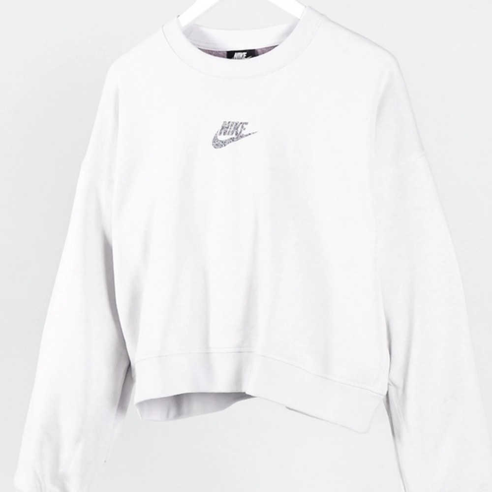 Nike White Cropped Crewneck Sweatshirt with Silver Logo
